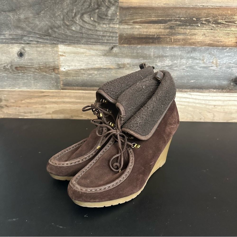Tommy Hilfiger Brown Zaria Boots Suede Wedge Bootie Womens  Size 10 Fold Over